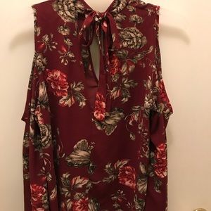 Dark red cold shoulder floral shirt